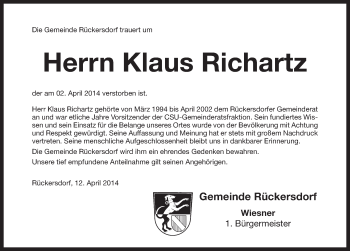 Traueranzeige von Klaus Richartz von Pegnitz-Zeitung